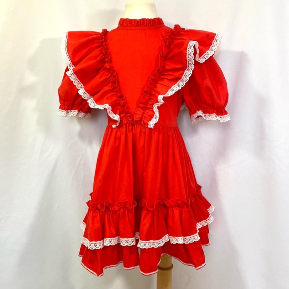 Vintage 80’s Kandy Ann Red Ruffled Party Dress Small 5 6 Short Sleeve - Picture 2 of 12
